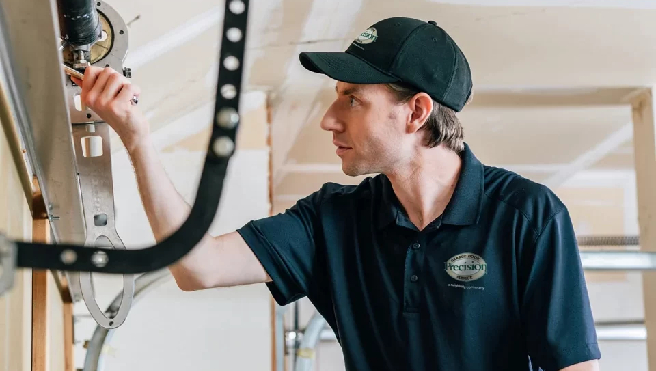 Precision Garage Door technician repairing a garage door